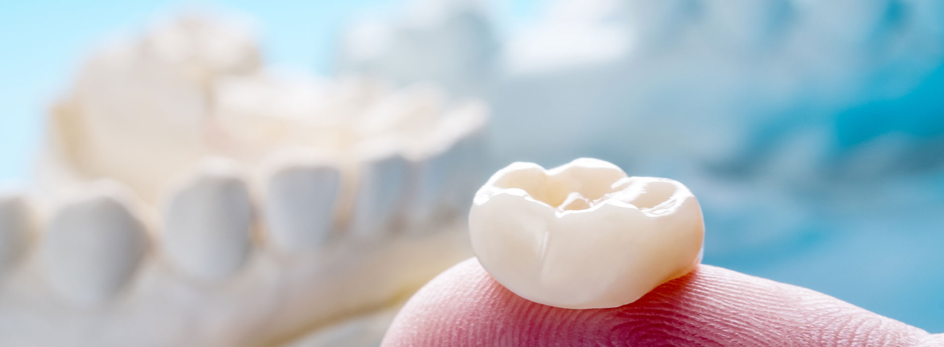 The image displays a close-up view of a single tooth placed on a surface with a blue background, possibly for dental implant purposes, accompanied by an object that appears to be a piece of coral or marine life.