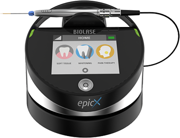 An electronic dental device with a screen displaying dental health information and a toothbrush head.