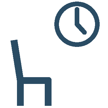 The image depicts a stylized icon of a person sitting in a wheelchair with their legs crossed, holding a book, and looking at a clock on their lap.