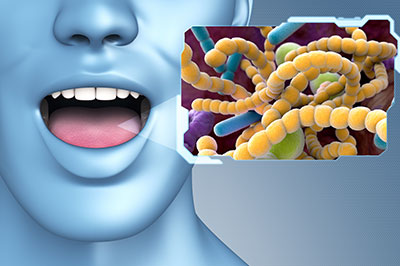 The image features a 3D rendering of a human face with an open mouth on the left side, displaying a yellowish-green substance that resembles bacteria or microorganisms, and a graphic representation of a virus particle on the right side, set against a blue background, suggesting a theme related to health, biology, or medical science.