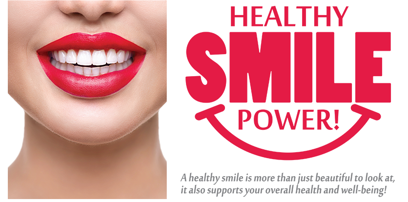 The image features a graphic design with text that reads  HEALTHY SMILE POWER  along with a red lipstick on the top left corner, and there s an illustration of a smiling face with red lipstick in the center.
