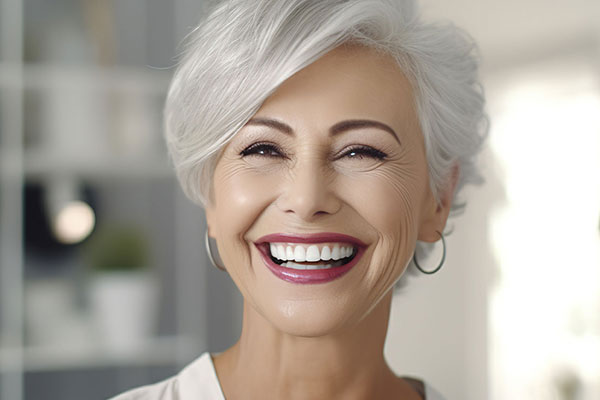 The image shows a woman with short hair smiling broadly at the camera.